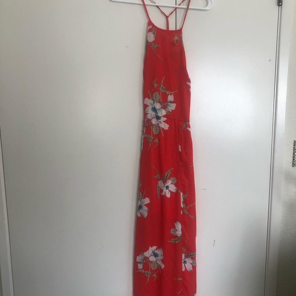 Red maxi dress with floral print